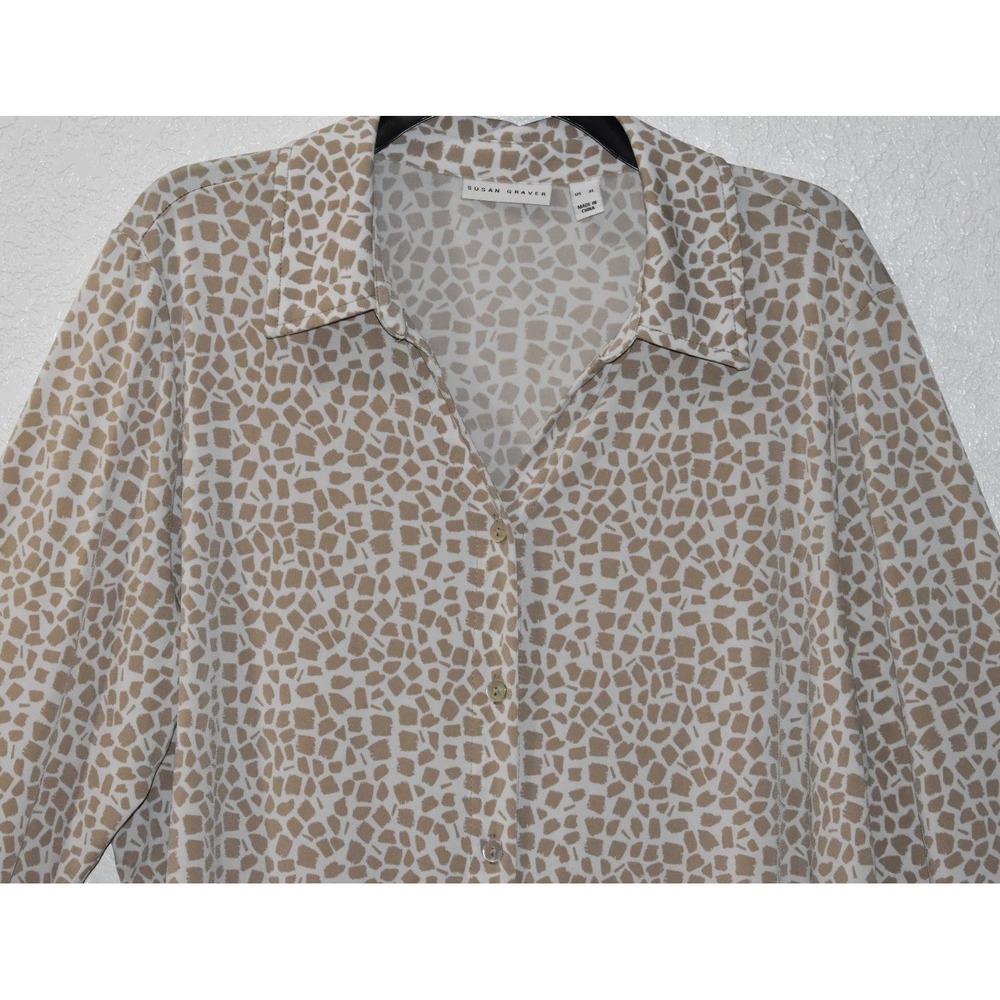 Susan Graver XL Stretch Blouse Button Front Mosaic Print 3/4 Sleeve Tan White - Picture 15 of 16